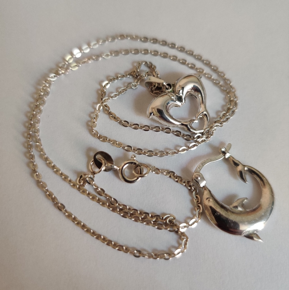 Dolphin Heart Necklace & A Single earring set Sterling Silver